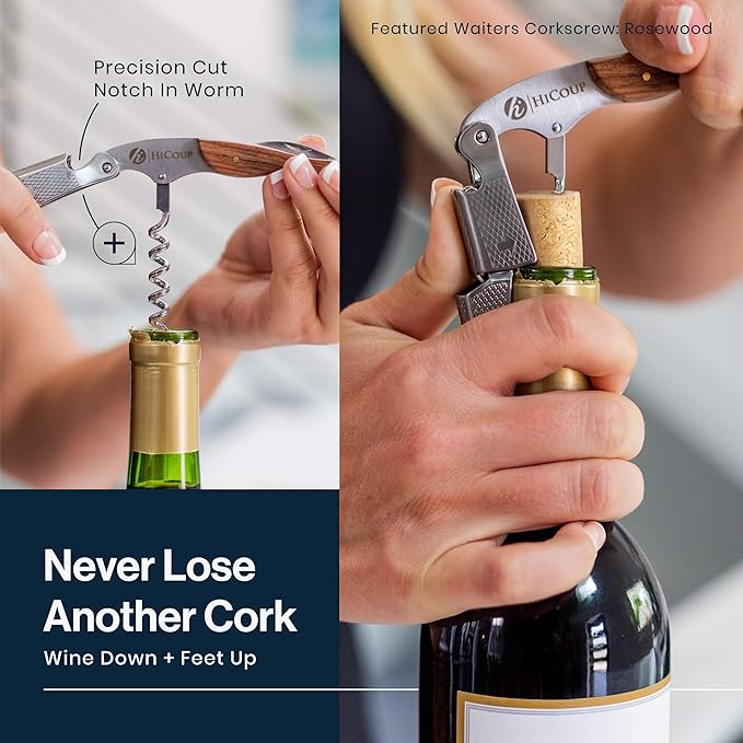 Hicoup Wine Opener - Professional Corkscrews for Wine Bottles w/Foil Cutter and Cap Remover - Manual Wine Key for Servers, Waiters, Bartenders and Home Use - Stainless Steel Ebony