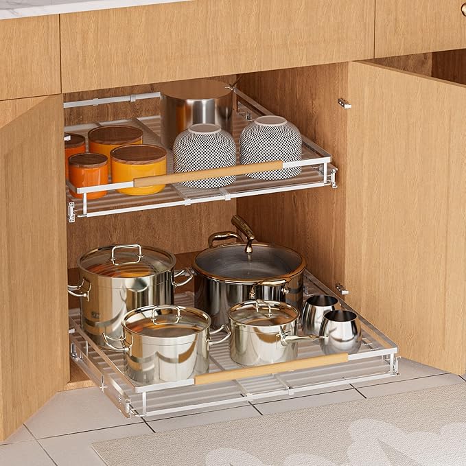 SANNO Pull Out Cabinet Organizer with Expandable Sliding Shelves for Cupboard Pantry, Steel Metal Sliding Shelf, Chrome Finish