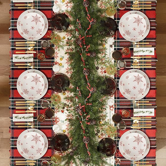 Ollieroo 4 Pieces Ceramic Christmas Pasta Bowls Set, 8 Inch 26oz White Red Snowflake Xmas Holiday Porcelain Wide and Shallow Salad Serving Bowls Plates, Microwave and Dishwasher Safe