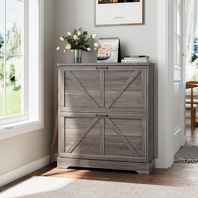 Shoe Storage Cabinet with 2 Flip Drawers, Farmhouse Narrow Shoe Cabinet Storage for Entryway, Slim Shoe Rack Cabinet with Wooden Feet, Gery