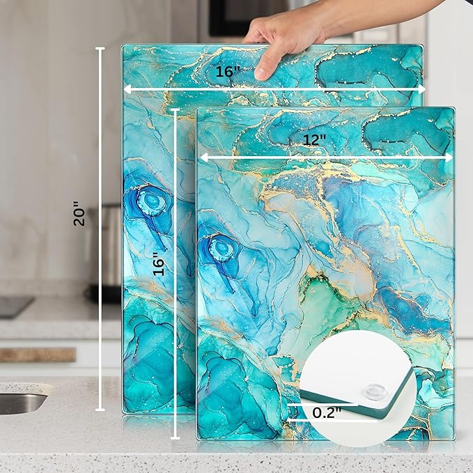 Glass Cutting Board 16"x12": Tempered Glass Kitchen Counter Protector - Durable- Scratch-Resistant, Heat-Proof - Design 9 - Teal Ocean