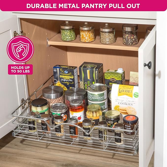 HOLDN’ STORAGE Heavy-Duty Premium Collection Pull Out Cabinet Organizer, Cabinet Drawer Slide Outs, Lifetime Limited Warranty - Basket Size 28" W x 21" D x 5" H, Anti-Rust Chrome Finish