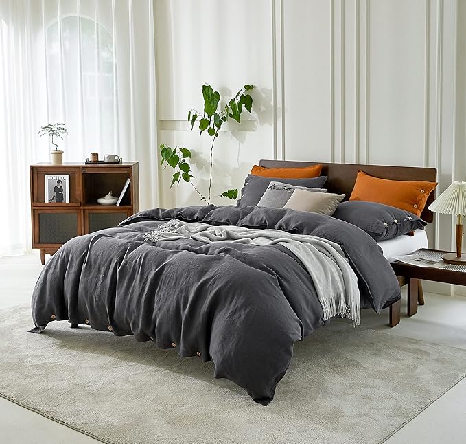 EVERLY 100% Pure Linen Duvet Cover Set Queen Size90X90Inch 3pcs (1 Duvet Cover,2 Pillowcases) Soft and Breathable for All Season with Coconut Button Closure, Suitable for Hot Sleepers-Dark Grey-Queen