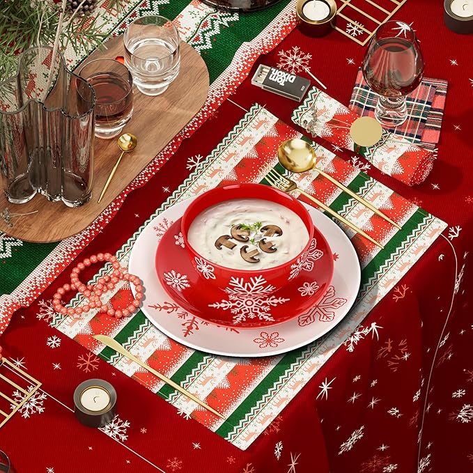 6 Pcs Christmas Cereal Bowls, 23 Oz Ceramic Bowl Set, Deep Serving Bowls, White Red Snowflake Xmas Holiday Soup Bowls for Salad, Dessert, Pasta, Ice Cream, Dishwasher and Microwave Safe