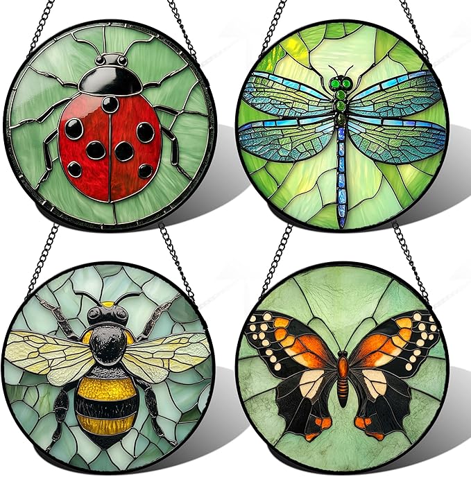 Stained Glass Window Hanging 4 Pcs Set Butterfly Dragonfly Bee Ladybug 7.8" - Suncatcher Door Garden Sun Catcher Decor Birthday Mother's Day for Mom Woman Nana Men