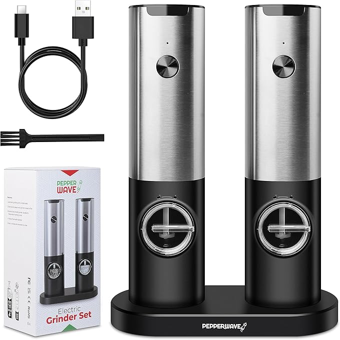 Salt and Pepper Shakers Set Electric with USB - Best Electric Salt and Pepper Grinder Set - Rechargeable Salt and Pepper Grinders - Automatic Salt and Pepper Grinder Set with LED Light - Salt Grinder
