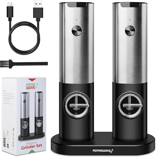 Salt and Pepper Shakers Set Electric with USB - Best Electric Salt and Pepper Grinder Set - Rechargeable Salt and Pepper Grinders - Automatic Salt and Pepper Grinder Set with LED Light - Salt Grinder