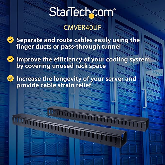 StarTech.com Vertical Cable Organizer with Finger Ducts - Vertical Cable Management Panel - Rack-Mount Cable Raceway - 40U - 6 ft (CMVER40UF)
