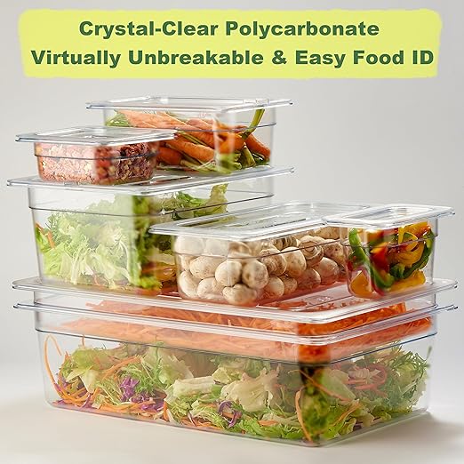 CURTA 6-Pack 1/6 Size 6" Deep NSF Polycarbonate Food Pans with Handled Lids & Drain Trays | Dishwasher & Freezer Safe Clear Container for Prep Tables, Buffet, Salad Bar, Commercial Kitchen