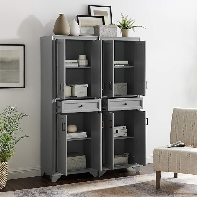 Crosley Furniture Tara 2-Piece Pantry Storage Cabinet Set with Shelves, Kitchen, Dining, or Laundry Room, Distressed Gray