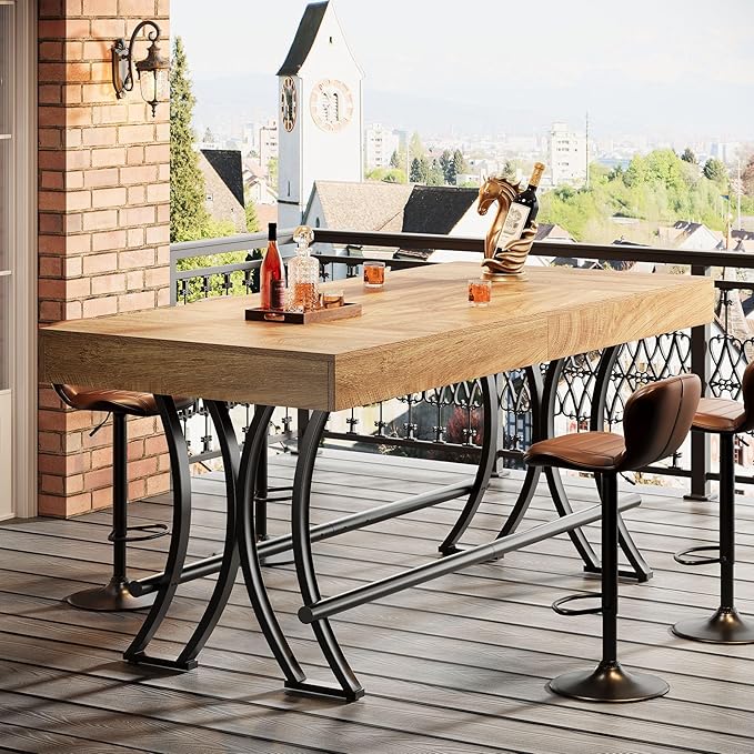Tribesigns 63" Counter Height Dining Table with Metal Footrest, Rectangular Tall Kitchen Bar Pub Table, Industrial Home Bar Unit for Entertaining, Freestanding, Brown