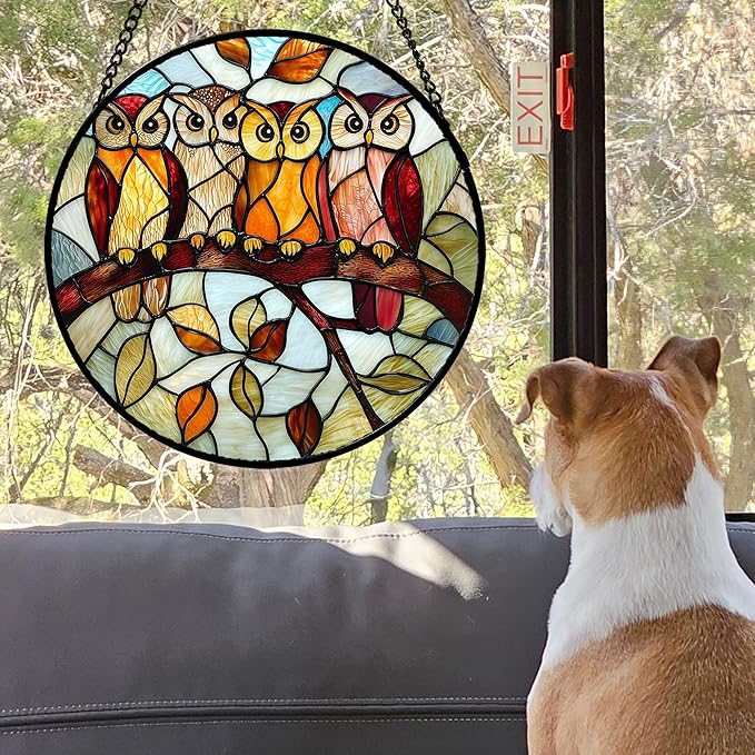 Stained Glass Window Hanging, 4 Owls on a Branch Sun Catcher for Door Home Decor White Brown Bird Suncatcher Christmas Mother's Day Birthday Gifts for Women Men Mom and Nana 15 in