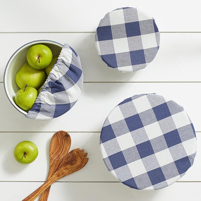 DII Reusable Cloth Bowl Cover Collection Machine Washable, Cotton with Elastic Stretch for Food Storage, 10.25"/8.25"/7.5" Diameter, Farmhouse Plaid, French Blue, 3 Piece