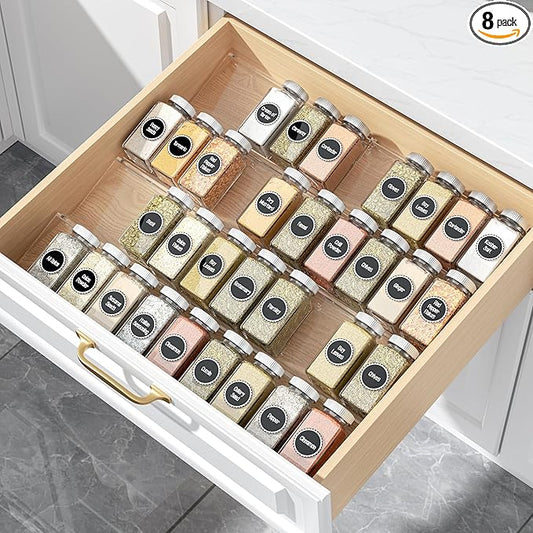MIUKAA Clear Acrylic Spice Drawer Organizer, 4 Tier- 2 Set Expandable From 9" to 18" Seasoning Jars Drawers Insert, Kitchen Spice Rack Tray for Drawer/Countertop (Jars not included)