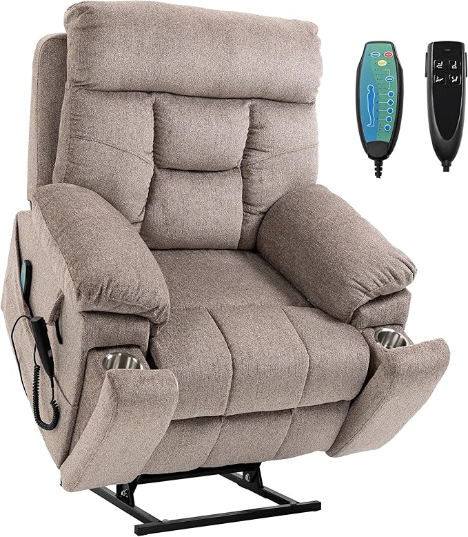 Dual Motor Power Lift Recliner Chair with Massage Heating for Adults Elderly, Electric Lift Chairs Lay Flat Recliners, Infinite Position, 2 Hidden Cup Holders