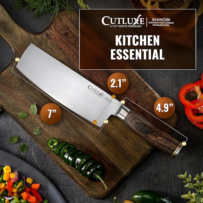 Cutluxe Nakiri Knife – Ultra Sharp 7" Vegetable Japanese Knife for Chopping, High Carbon Stainless Steel Blade, Full Tang Pakkawood Handle – Shinobi Series