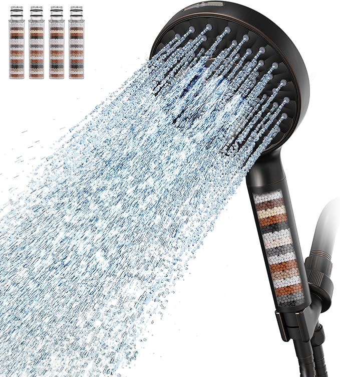 SR SUN RISE Filtered Shower Head with Handheld High Pressure 9 Spray Mode Showerhead Detachable Shower Head Water Softener Filters Beads for Hard Water Remove Chlorine 4 Filters ORB