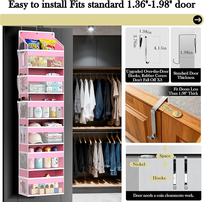PAULONE 1 Pack Heavy Duty Over the Door Organizer, 6 Large + 12 Mesh Pockets with 79 lbs Capacity, Space-Saving Hanging Storage for Shoes, Toys, Bedroom & Closet-Pink