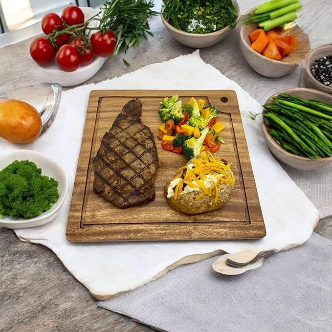 Acacia Wood Steak Plates, Square 12" x 12", Set of 2 Durable Joint Free, Cutting and Serving Board Displaying Continuous Grains of Solid Wood, Perfect for Steak Dinner, with Juice Groove