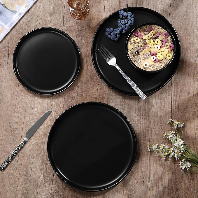 HaWare Stoneware Dinnerware Sets, 12-Piece Plates and Bowls Set for 4, Dishes Set for Home Restaurant, Frosting Black