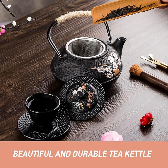 Cast Iron Teapot,SECHUDO Tea Kettle,Japanese Cast Iron Teapot with Stainless Steel Infuser for Stovetop Safe (27.1OZ/800ML)