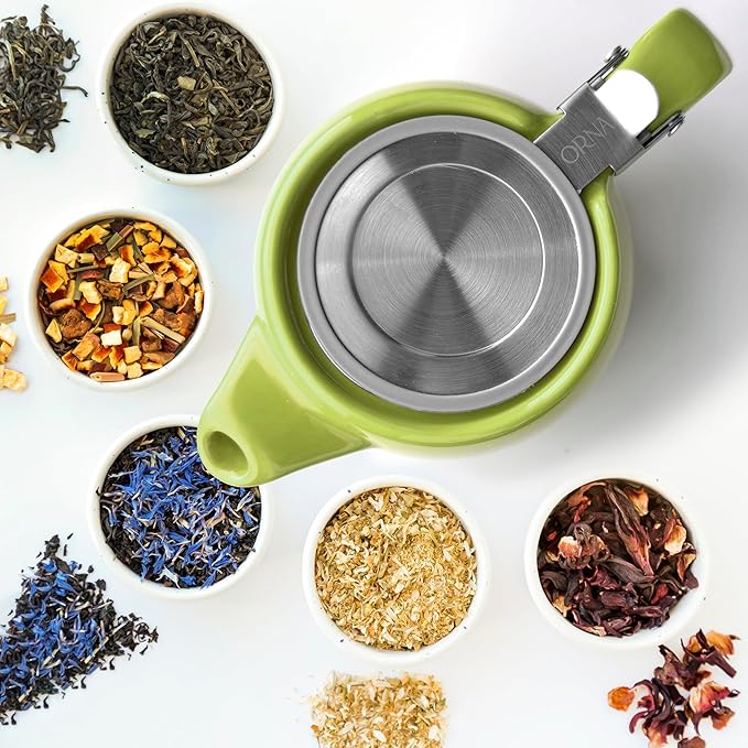 ORNA Ceramic Teapot with Tea Infuser – Small Tea Pot for Loose Leaf Tea – 550ml / 18.6 Oz Porcelain Non-Stove Teapot for 2 Cups with Tea Strainer (Lime)
