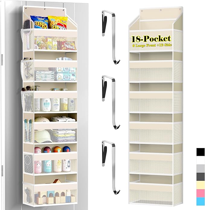 PAULONE 1 Pack Heavy Duty Over the Door Organizer, 6 Large + 12 Mesh Pockets with 89 lbs Capacity, Space-Saving Hanging Storage for Shoes, Toys, Bedroom & Closet-Off-White