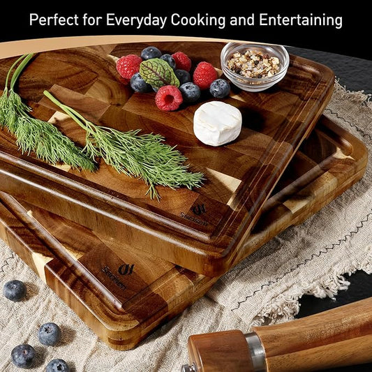 End Grain Cutting Board Set of 2 with Non-slip Feet, Reversible Acacia Wood Cutting Boards for Kitchen with Juice Grooves and Handles Non Toxic Chopping Board Butcher Block Serving Tray Kitchen Gift