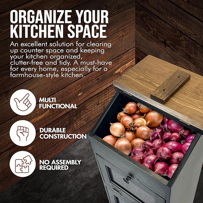 Peaceful Classics Wooden Bread Bin, Decorative Onion Storage Bin, Wooden Vegetable Bin w/Lid for Kitchen Pantry, Mocha