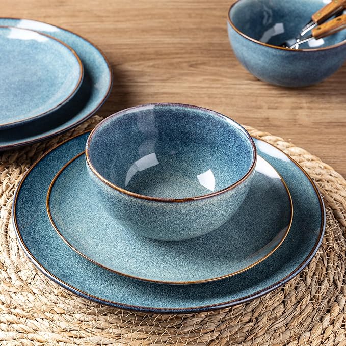 AmorArc Ceramic Dinnerware Sets for 6, 18 Pieces Handpainted Plates and Bowls Set, Scratch Resistant Stoneware Dishes Set, Dishwasher & Microwave Safe, Ceylon Blue
