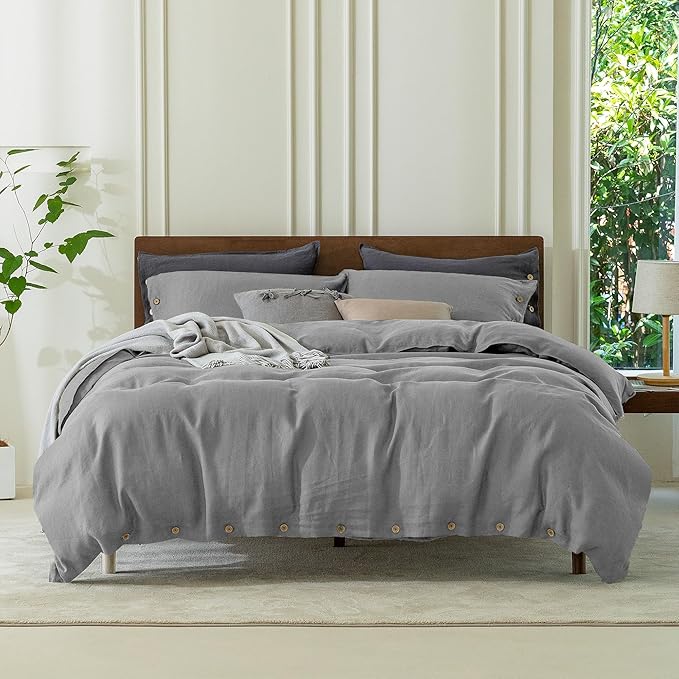 EVERLY 100% Pure Linen Duvet Cover Set Twin Size 68X90Inch 2pcs (1 Duvet Cover,1Pillowcases) Soft and Breathable for All Season with Coconut Button Closure, Suitable for Hot Sleepers-Grey