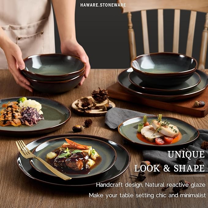 HaWare Plates and Bowls Set, Stoneware Dinnerware Sets, 24-Piece Hand-painted Dishware for 6, Ceramic Dinner Set for Home Kitchen, Scratch Resistant, Microwave and Dishwasher Safe, Reactive Moss Green