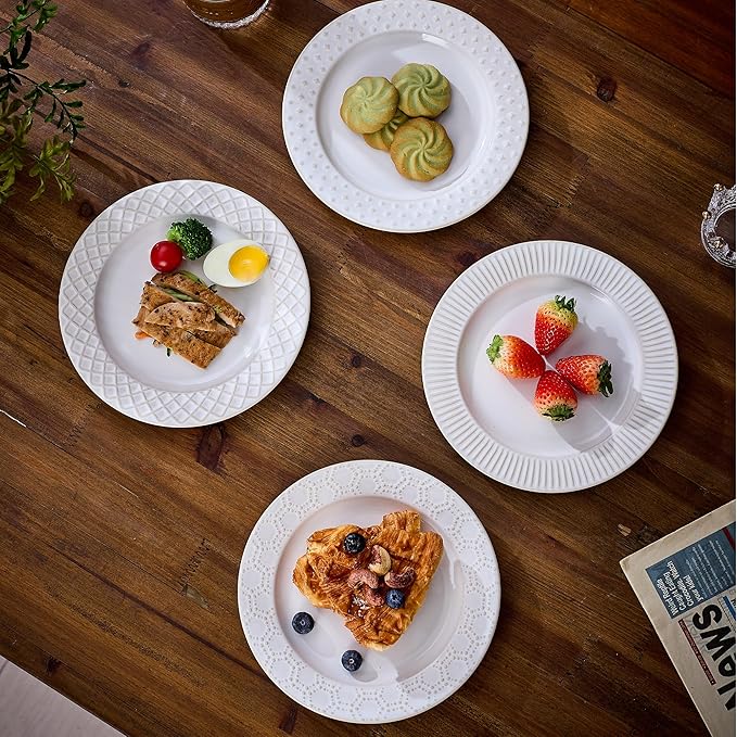 Ceramic Dinnerware Set for 4, 12-Piece Stoneware Plates and Bowls Set, Microwave & Dishwasher Safe, Lead-Free Scratch Resistant, 4 Different Dinner Plates & Soup Bowls (White)