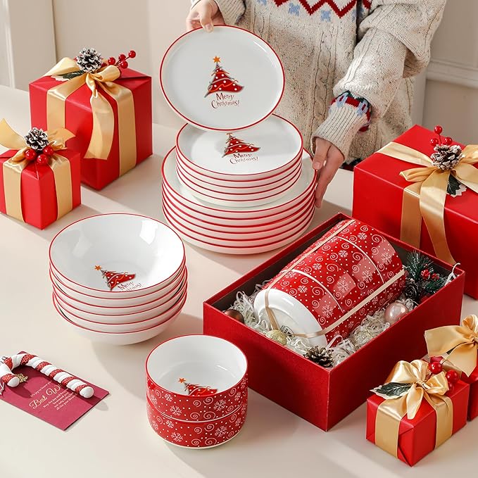 MALACASA Plates and Bowls Sets, 24 Pieces Christmas Porcelain Dinnerware Set for 6, Ceramic Dishware Dishes Kitchen Dining Ware Set, Microwave and Dishwasher Safe, Series LUNA-Christmas Tree