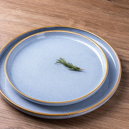 GBHOME Ceramic Dinnerware Sets for 8, 24 Pieces Stoneware Plates and Bowls Sets, Scratch Resistant Dishes, Dishwasher & Microwave Safe, Reactive Glaze-Brunnera Blue