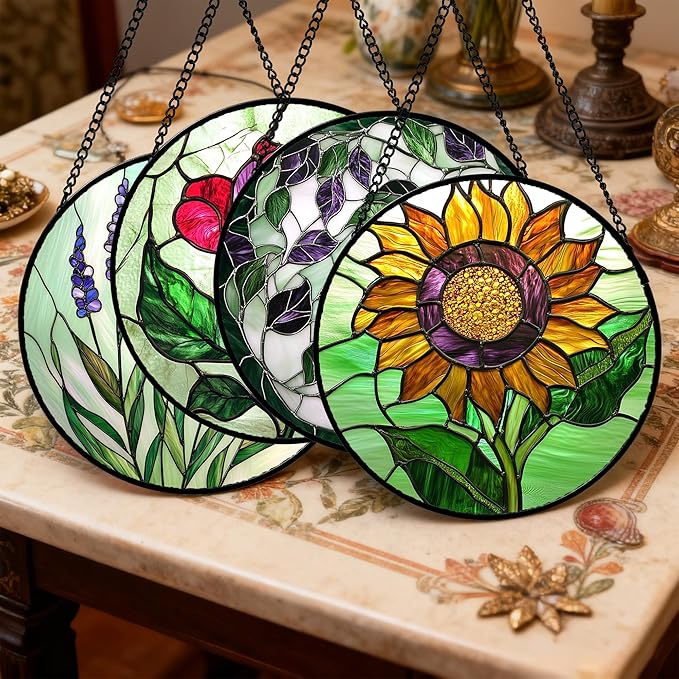 Stained Glass Window Hanging 4 Pcs Set Red Roses Yellow Sunflowers Large 15" - Flower Suncatcher Door Garden Sun Catcher Decor Birthday Mother's Day for Mom Woman Nana Girl