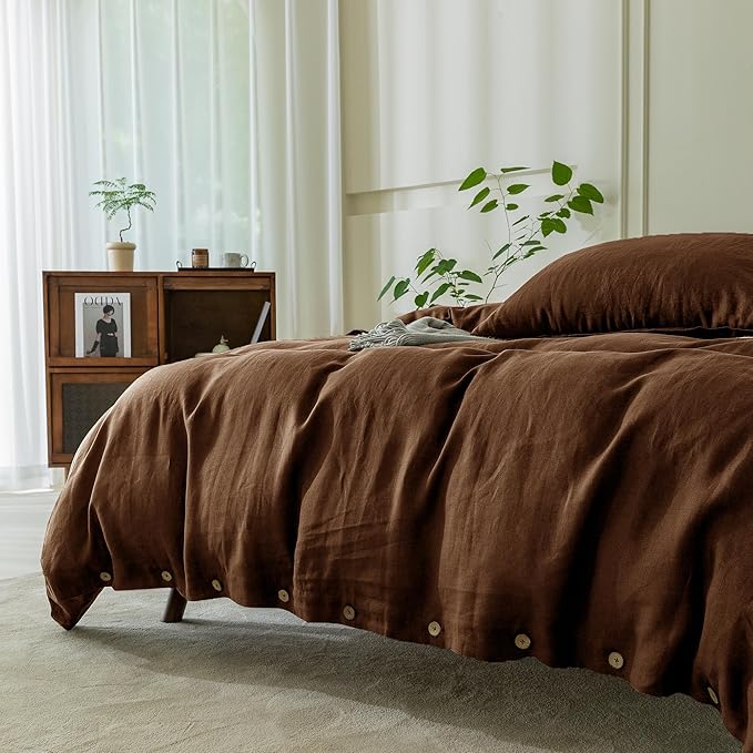 EVERLY 100% Pure Linen Duvet Cover Set King Size 104X90Inch 3pcs (1 Duvet Cover,2 Pillowcases) Soft and Breathable for All Season with Coconut Button Closure, Suitable for Hot Sleepers-Chocolate