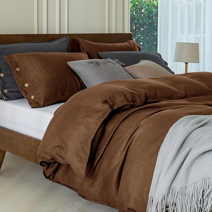 EVERLY 100% Pure Linen Duvet Cover Set Twin Size 68X90Inch 2pcs (1 Duvet Cover,1Pillowcases) Soft and Breathable for All Season with Coconut Button Closure, Suitable for Hot Sleepers-Chocolate