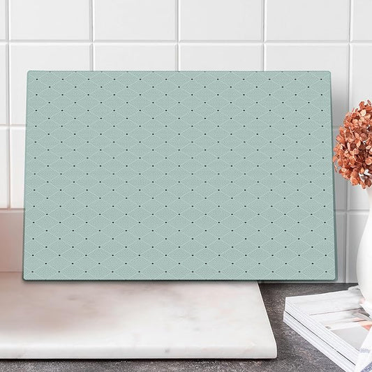 Ambesonne Abstract Cutting Board, Diagonal Dotted Squares and Polka Dots Simplistic Classic Illustration, Decorative Tempered Glass Cutting and Serving Board, Large Size, Charcoal Grey Ivory