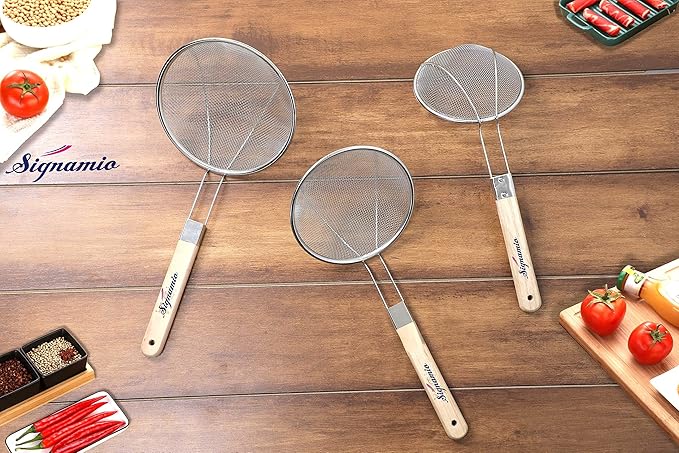 16 Inch Stainless Steel Deep Fry Net Spoon Oil Strainer - Puri & Poori Strainer Kitchen Utensil for Frying, Cooking & Straining Tool with Wood Handle