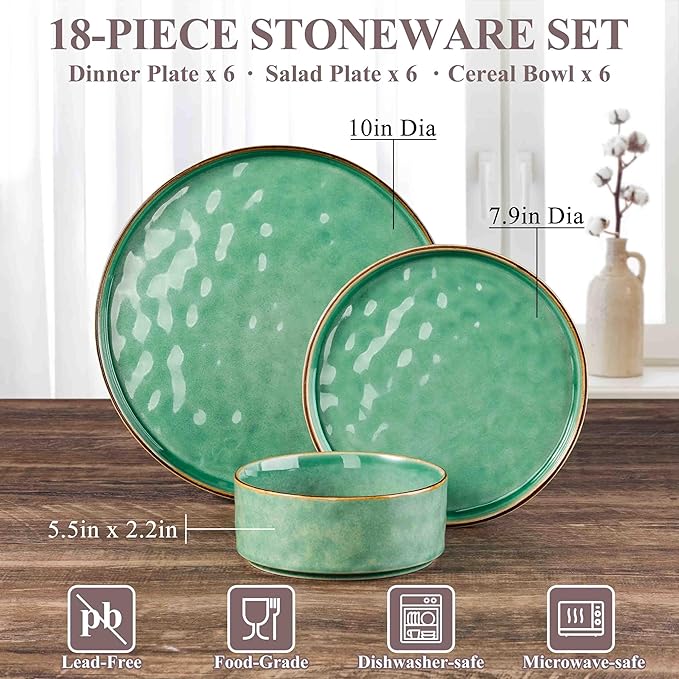 Herogo 18 Pieces Dinnerware Sets, Serving Plates and Bowls Sets for 6, Stoneware Dishes for Dinner, Salad, Cereal, Dishwasher & Microwave Safe, Gemstone Green
