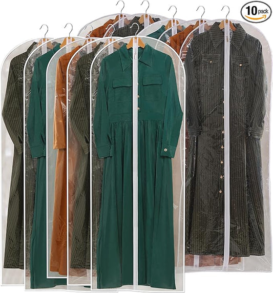 All Clear Garment Bags for Hanging Clothes, 60" Dress Bags for Gowns Long, Plastic Dustproof Dress Garment Bag, Long Dress Bag with Zipper for gown, winter long coats, dance costume（10 Packs）