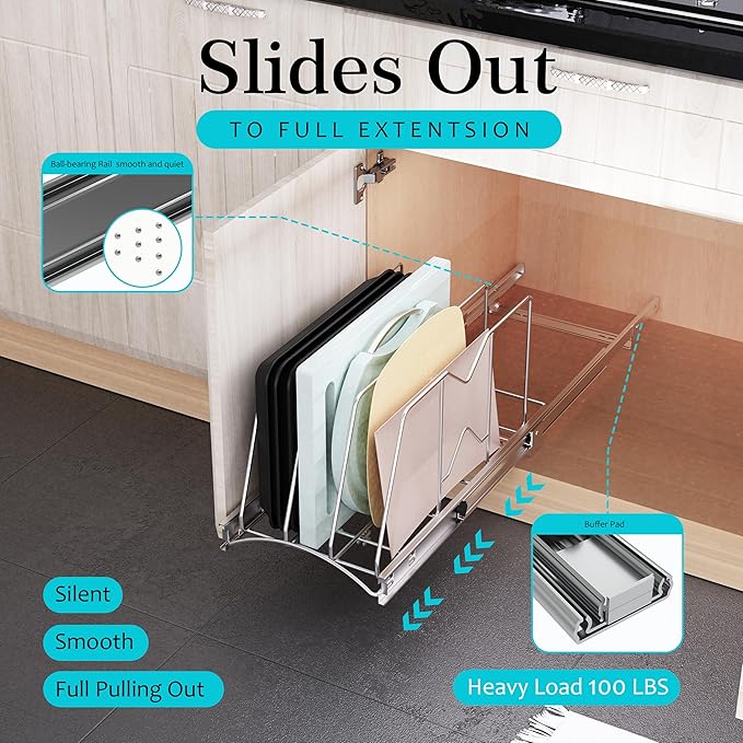 Pull Out Cookie Sheet Organizer for Cabinet, Pan and Pot, Cutting Board, Bakeware, Tray Organizer Rack, Sliding Rack- Heavy Duty, Adjustable Divider Width, 10" W x 22" D x 11" H, Chrome