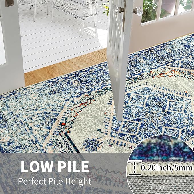 Easy-Going Area Rug 4x6 Washable Boho Rugs for Living Room Non-Slip Bedroom Rug Low Pile Lightweight Medallion Distressed Throw Rug for Dining Room Kitchen Home Office Carpet, Vintage Blue Cream