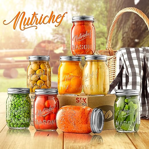 NutriChef 8-Pack 16 oz Mason Jars with Lids - Thick Glass Canning Jars with Stainless Steel Lids - Ideal for DIY Spices, Meal Prep, Overnight Oats, Jelly, Jam, Honey, Candles, Crafts, & More