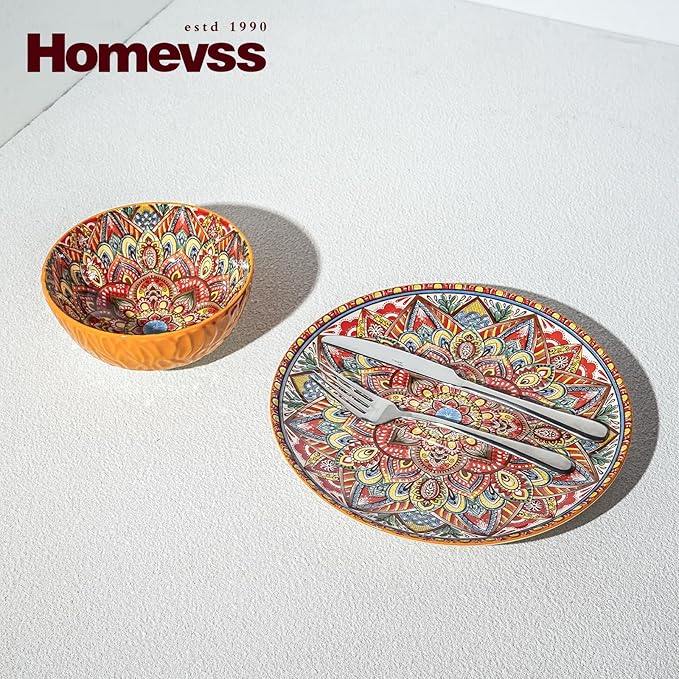 Homevss Boho 20 Pieces Dinnerware Sets, Plates and Bowls Set, Porcelain Dishes Set for 4, Microwave and Dishwasher Safe, Scratch Resistant, Bohemian Style Dining Ware, Orange