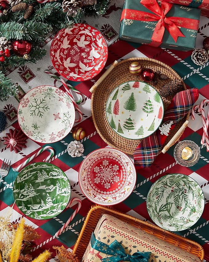 Christmas Soup Bowls, 23 Oz Cereal Bowl Set for Kitchen, Deep Ceramic Bowls for Salad, Dessert, Pasta, Ice Cream, Dishwasher and Microwave Safe, Set of 6
