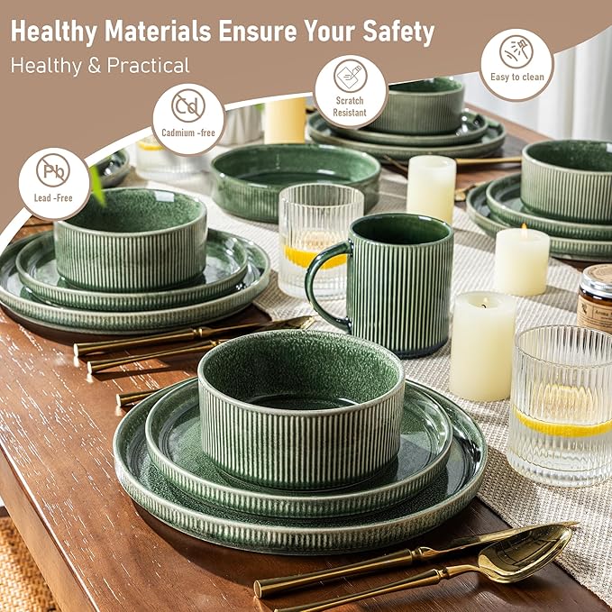 GBHOME Stoneware Dinnerware Sets for 4,Round Reactive Glaze Ceramic Plates and Bowls Set,Highly Scratch Resistant| Dishwasher & Microwave Safe Dishes Set,Service for 4(12Pcs),Dark Green