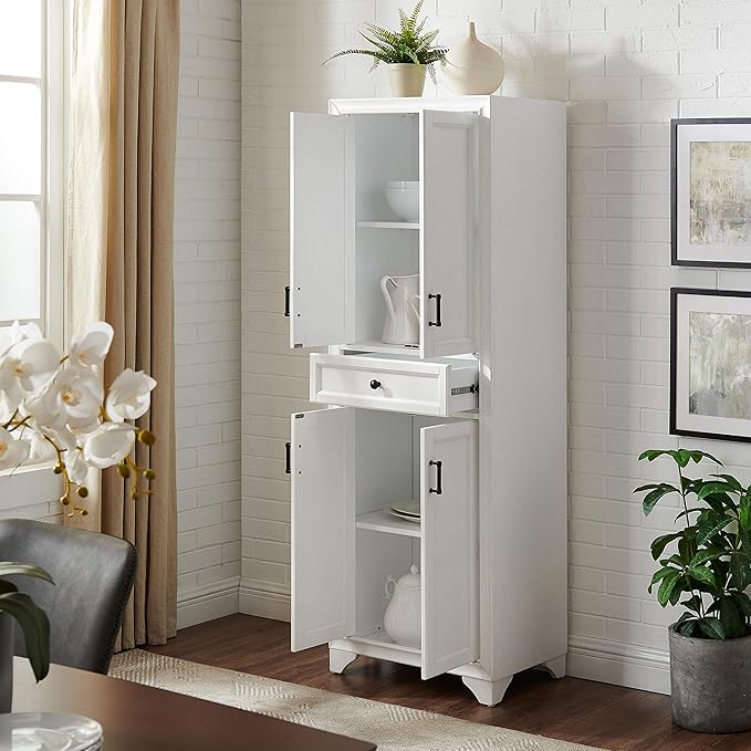 Crosley Furniture Tara Pantry Storage Cabinet with Shelves, Kitchen, Dining, or Laundry Room, Distressed White