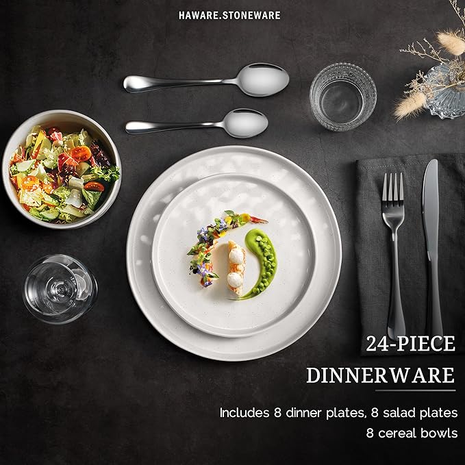 HaWare Dinnerware Sets, 24-Piece Plates and Bowls Set, Stoneware Dish Set for 8, Ceramic Dinnerware for Home Restaurant, Chip and Scratch Resistant, Microwave and Dishwasher Safe, Speckled White